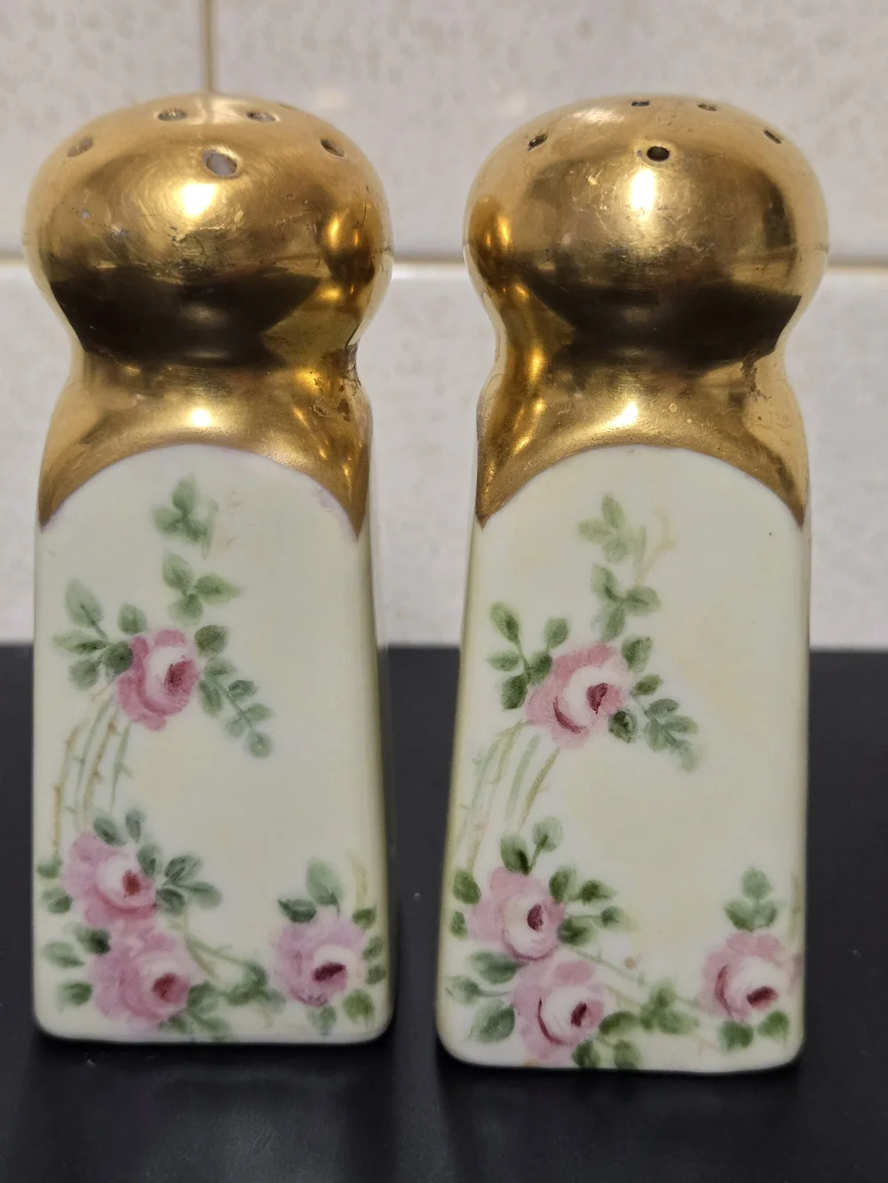 Porcelain Pink Rose Salt & Pepper Shaker Set with Gold Tops